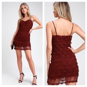 New Lulus Enchantress Plum Purple Ruched Lace Bodycon Dress, New with Tags